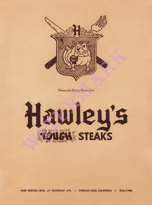 Hawley's Tough Steaks, Sherman Oaks 1960s Menu Art
