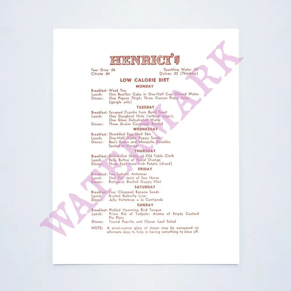 Henrici's Restaurant Unusual Diet, Chicago circa 1930s