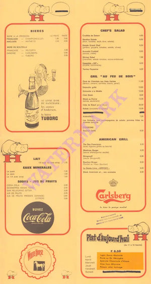 Hippopotamus, Paris 1970s menu