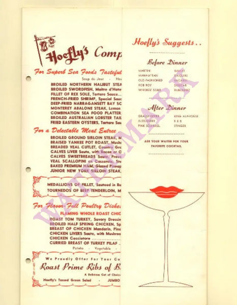 Hoefly's Cocktail Kiss, Long Beach, California 1930s Menu
