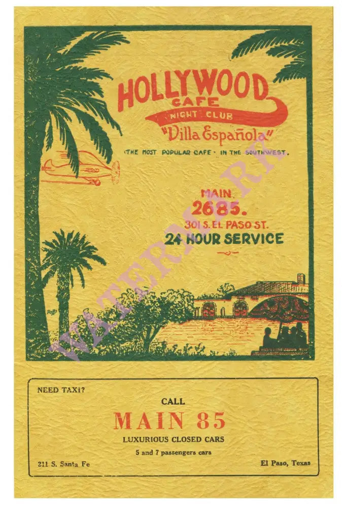 Hollywood Café El Paso Texas 1933 Vintage Americana Menus