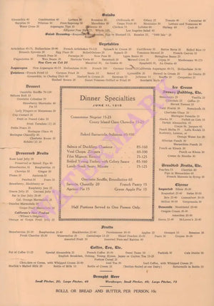 Hotel Alexandria, Los Angeles, 1915 Menu