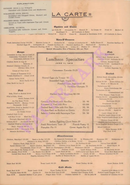 Hotel Alexandria, Los Angeles, 1915 Menu