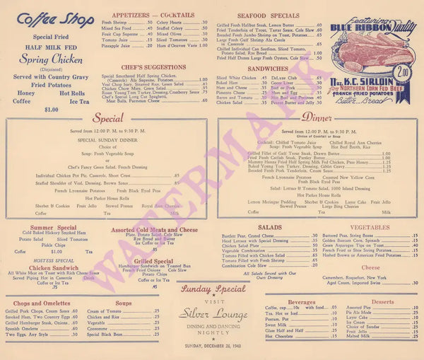 Hotel Black Coffee Shop, Oklahoma City Boxing Day 1943 Menu 