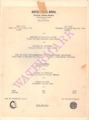 Hotel Bora Bora, French Polynesia 1974 Dinner Menu