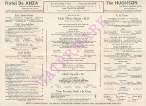 Hotel De ANZA, San Jose 1942 Menu