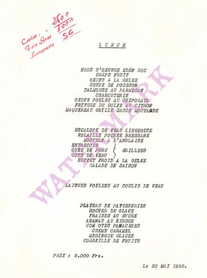 Hotel du Cap-Eden Roc, Cap d'Antibes 1958 Lunch Menu