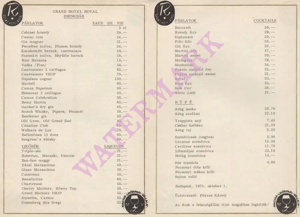 Hotel Grand Royal, Budapest drinks menu