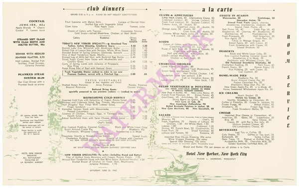 HOTEL NEW YORKER 1942 MENU