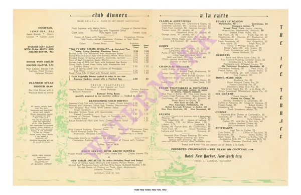 HOTEL NEW YORKER 1942 INTERIOR MENU