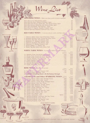 Hotel Sahara, Congo Room, Las Vegas 1957 Wine List