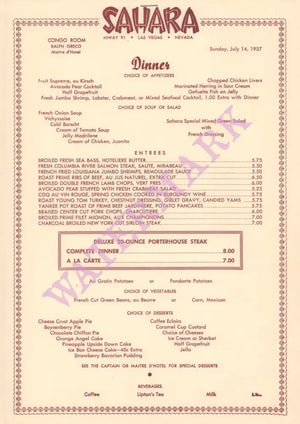 Hotel Sahara, Congo Room, Las Vegas 1957 Menu
