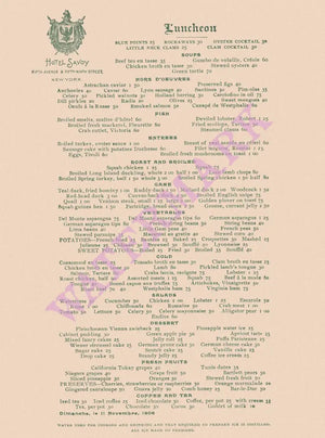 Hotel Savoy New York 1906 Vintage Americana Menus