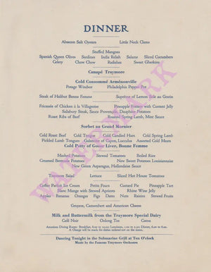 Hotel Traymore, Atlantic City 1920s Menu 