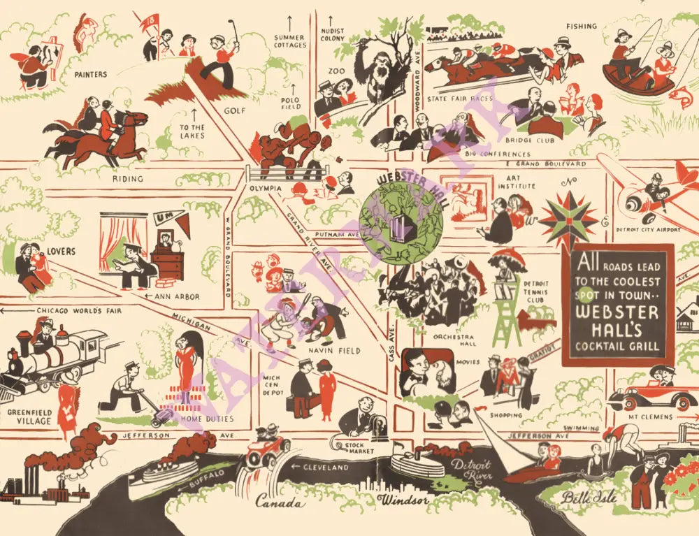 Hotel Webster Hall, Detroit 1930s Menu Art