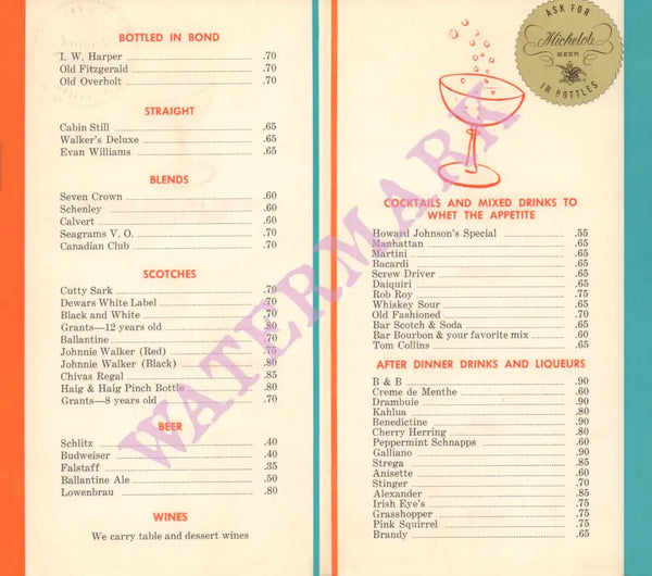 Howard Johnson's Liquors (Portrait) USA 1960s Liquors Menu 