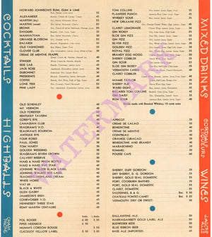 Howard Johnson's Liquor Cocktail Menu Interior 1950s Cool Culinaria Cocktail Collection