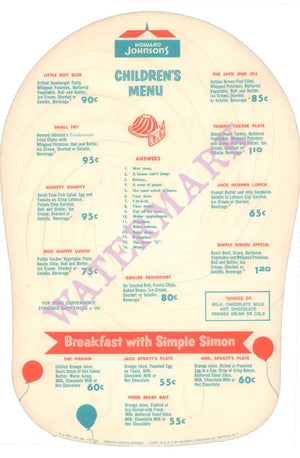 Howard Johnson's Riddle Mask Menu, 1960s