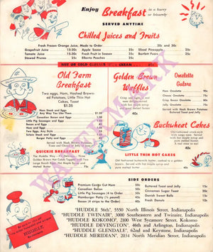 Huddle Restaurants, Indiana 1960s – Vintage Restaurant Art - Breakfast menu