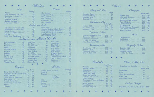 Hudson River Night Line Cocktails, 1930s Menu