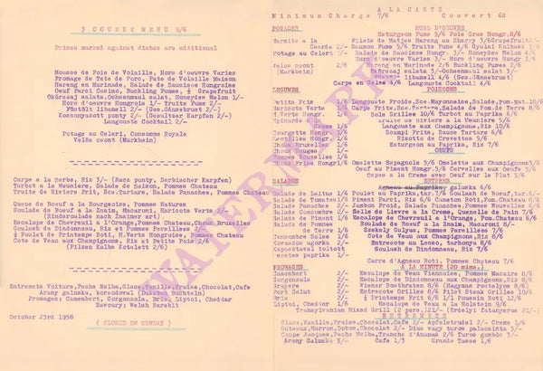 Hungarian Csarda, London 1958 Menu