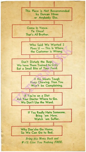 Irving’s Chuck Wagon. Line Lexington PA 1940s Vintage Americana Menus