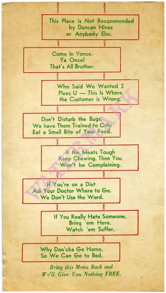 Irving’s Chuck Wagon. Line Lexington PA 1940s Vintage Americana Menus