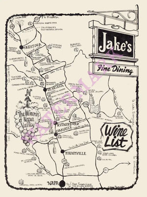 Jake's, Pewaukee WI 1970s Wine Map of Napa