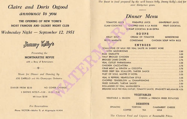 Jimmy Kelly's Nightclub, New York 1951 Menu