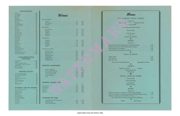 Joaquin Garay's Copa, San Francisco, 1950s Vintage Menu