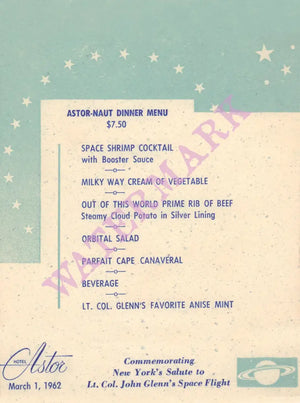 John Glenn, Astor-Naught Dinner, New York 1962 Hotel Astor Menu Art
