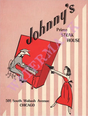 "Shoot the Piano Player" - Johnny's Prime Steak House, Chicago 1960 menu art