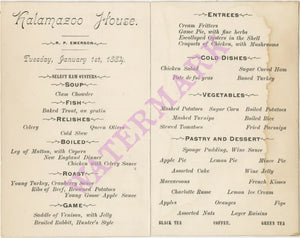 Kalamazoo House, Kalamazoo 1884 | Vintage Menu Art - food menu