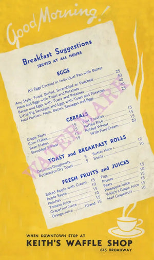 Keith's Drive-in. San Diego, 1940s Menu