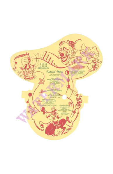 Kid's Menu Glass House Restaurant 1950s