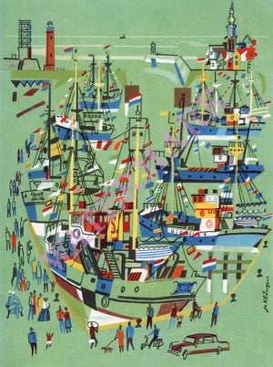 KLM, Artist's Impression Of A Dutch Fishing Harbour  - Jo Klingers, 1955 Menu Art