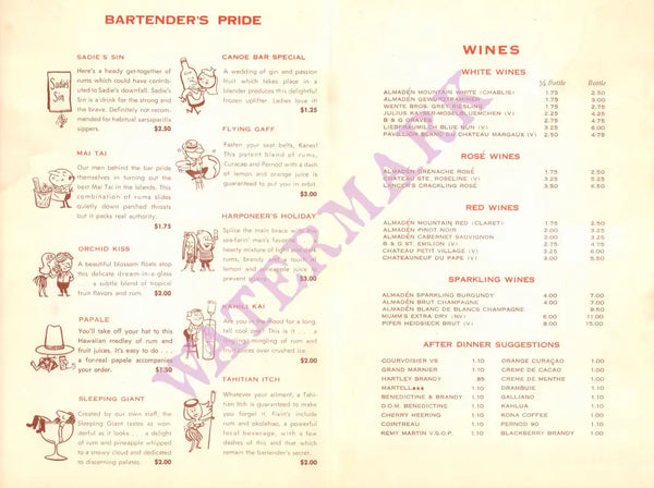 Kona Inn, Hawaii 1967 Menu
