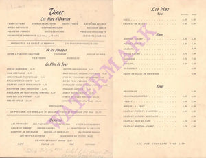 La Croisette, New York 1961 Menu