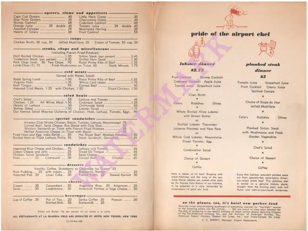 La Guardia Aviation Terrace, New York 1942 Menu 