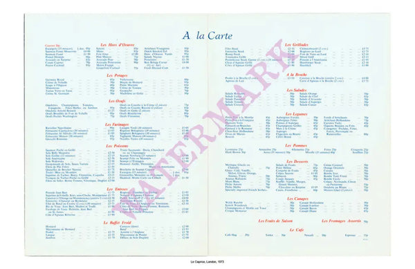 Le Caprice, London, 1973 Menu
