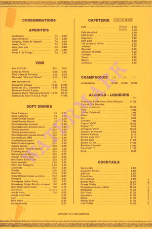 Le Drugstore, Paris 1970s Drinks menu