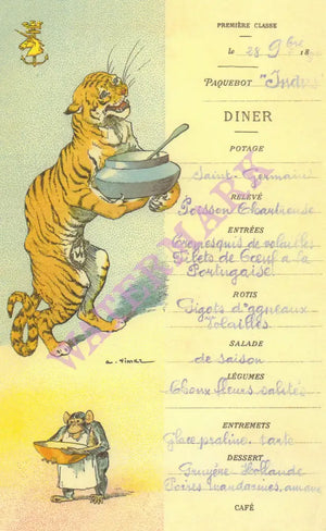 Le Paquebot Indus (Tiger) 1896 Menu Art by Auguste Vimar