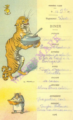 Le Paquebot Indus (Tiger) 1896 Menu Art by Auguste Vimar