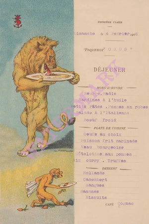 Le Paquebot Oxus 1906 (Lion) Menu Art by Auguste Vimar