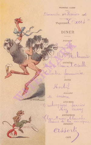 Le Paquebot Oxus 1906 (Ostrich) Auguste Vimar Menu Art