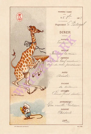 Le Paquebot Portugal 1905 (Giraffe) Menu Art by Auguste Vimar