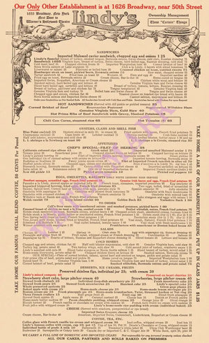 Lindy’s, New York 1930s Menu Art