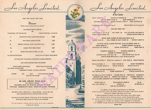 Los Angeles Limited, Train Dining Car 1940 Menu