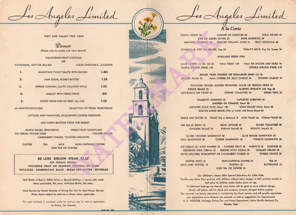 Los Angeles Limited, Train Dining Car 1940 Menu