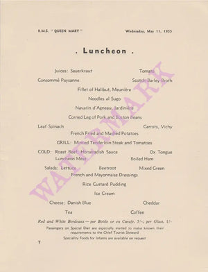 Queen Mary 1955 lunch menu